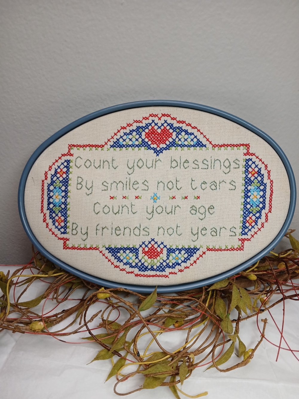 Count Your Blessings Cross-Stitch in Blue Oval Frame